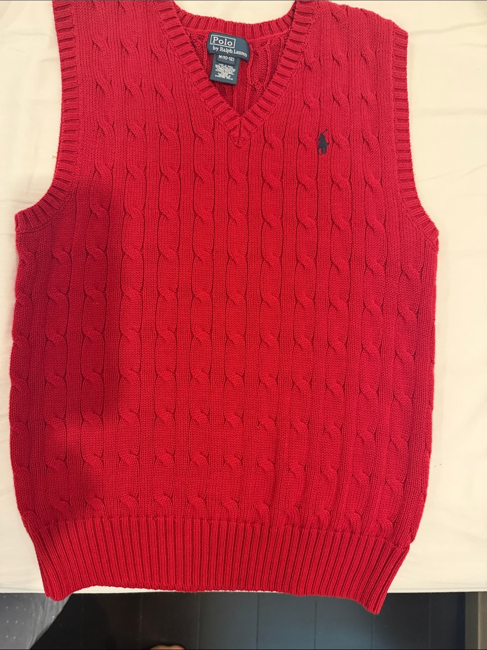 Ralph Lauren Red Cable-Knit V-Neck Sweater Vest with Polo Logo